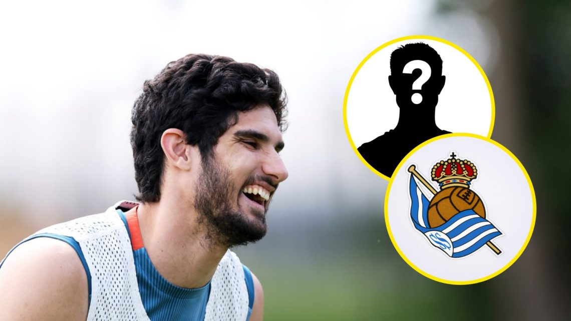 Goncalo Guedes laughing in Wolves training (left), mystery player (top inset), Real Sociedad (bottom inset)