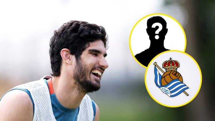 Goncalo Guedes laughing in Wolves training (left), mystery player (top inset), Real Sociedad (bottom inset)