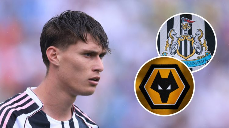 Nicolo Savona playing for Juventus (left), Wolves badge (lower inset), Newcastle badge (upper inset)