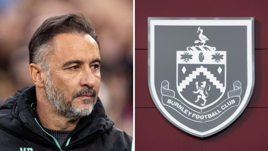 Wolves manager Vitor Pereira looks on (left), Burnley badge (right)