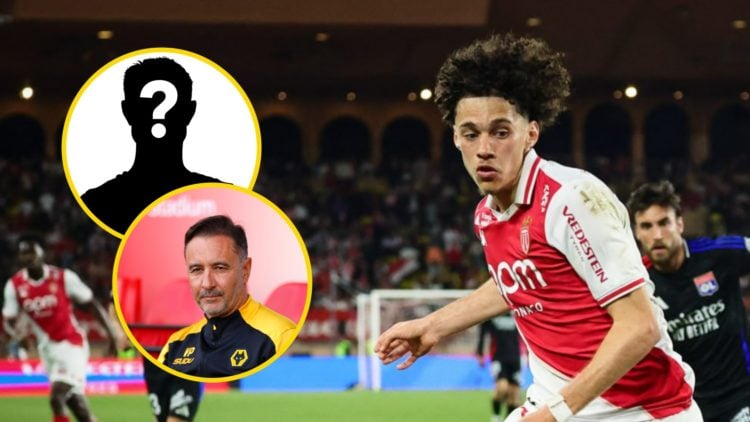Maghnes Akliouche playing for AS Monaco (right), mystery player (upper inset), Wolves manager Vitor Pereira looks on (lower inset)