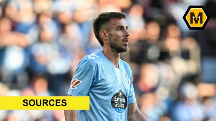 Oscar Mingueza playing for Celta Vigo (central), sources banner (bottom left) and Molineux News logo (top right)