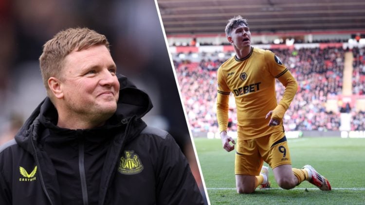 Eddie Howe (left) looking into the Newcastle crowd smiling and Jorgen Strand Larsen (right) celebrating a goal for Wolves.