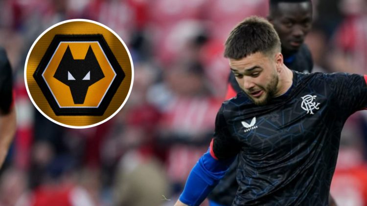 Nico Raskin takes a shot in Rangers training (right), Wolves badge (inset)