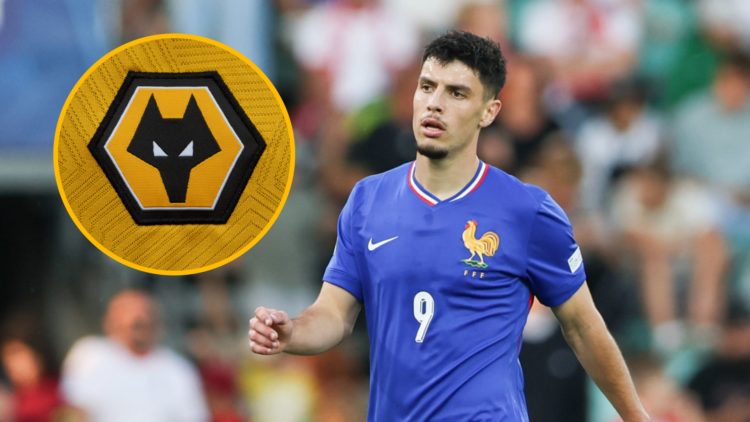 Matthis Abline during the UEFA Under-21 Championship match between France and Poland, inset, A detailed view of a Wolves crest prior to the Premier...