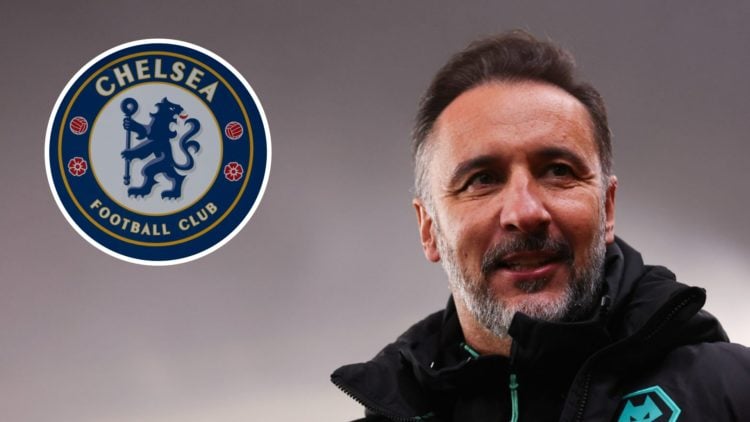 Wolves manager Vitor Pereira looks on (right), Chelsea badge (left)