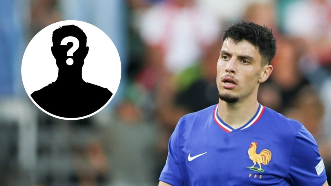 Matthis Abline playing for the France U21s (central), mystery player (inset)