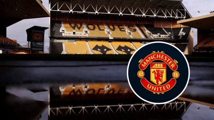 Molineux stadium empty, Manchester United badge overlay (right)