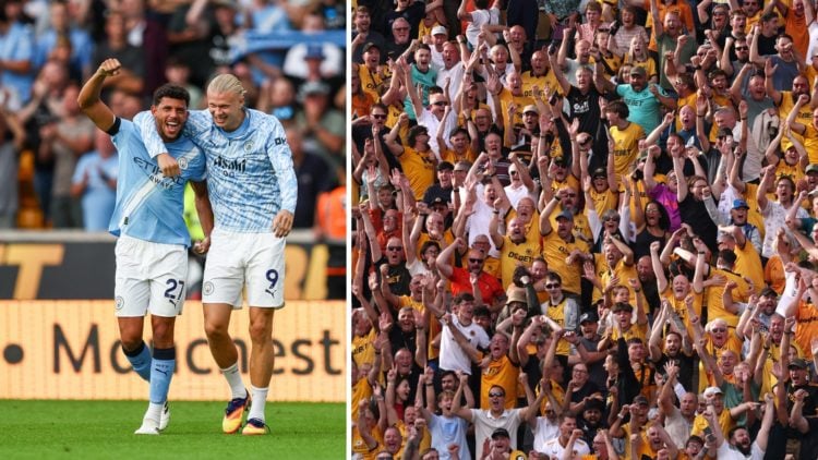 Left: Matheus Nunes and Erling Haaland laughing after full-time in 4-0 win against Wolves at Molineux Right: Wolves fans chanting during game again...