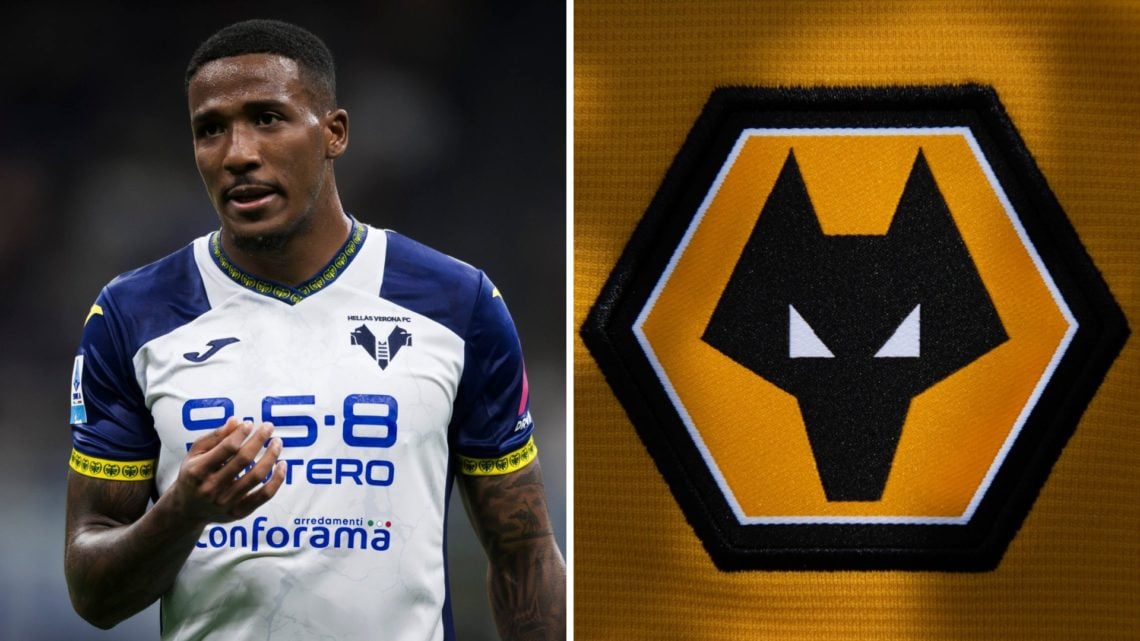 Left: Jackson Tchatchoua playing for Hellas Verona against Inter Milan Right: Wolves badge