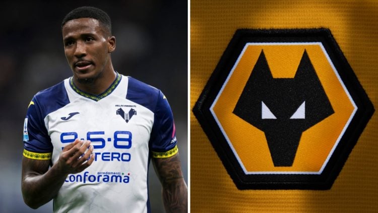 Left: Jackson Tchatchoua playing for Hellas Verona against Inter Milan Right: Wolves badge