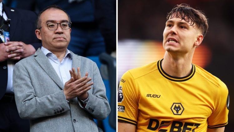 Left: Jeff Shi, executive chairman of Wolves, clapping during game against Manchester City Right: Jorgen Strand Larsen in action for Wolves