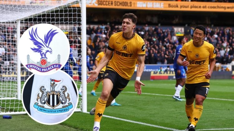 Jorgen Strand Larsen and Hwang Hee-chan celebrate a goal for Wolves, with overlays of Newcastle and Crystal Palace badges (left)