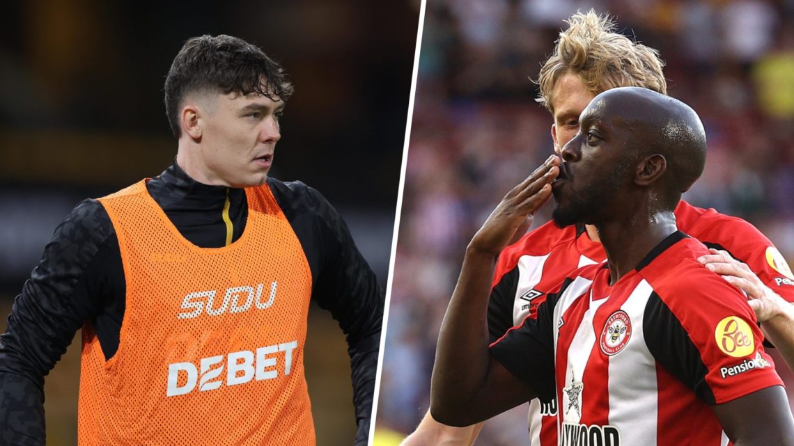 Jorgen Strand Larsen (left) is warming up for Wolves and Yoane Wissa (right) celebrates a goal for Brentford.