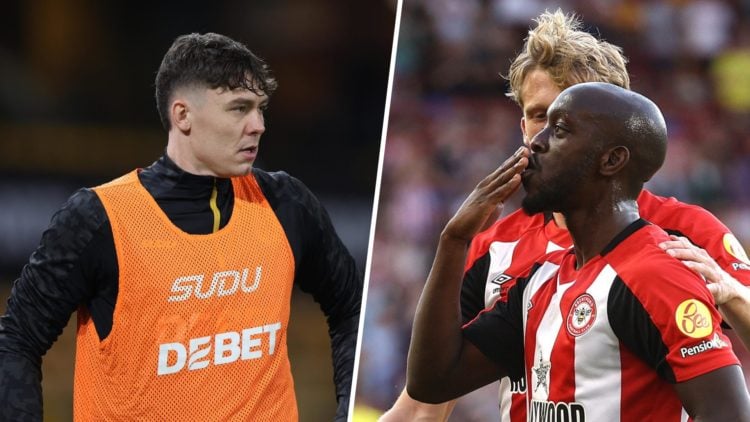 Jorgen Strand Larsen (left) is warming up for Wolves and Yoane Wissa (right) celebrates a goal for Brentford.