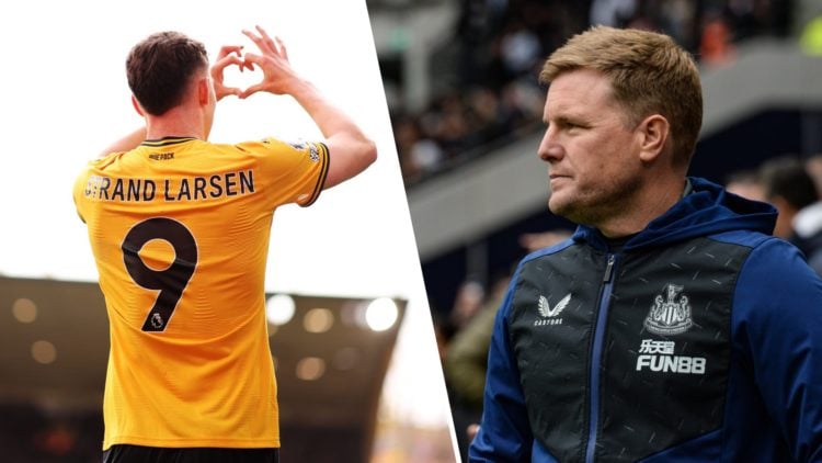 Jorgen Strand Larsen (left) celebrates a goal for Wolves and Eddie Howe (right) looks on as he manages Newcastle United.