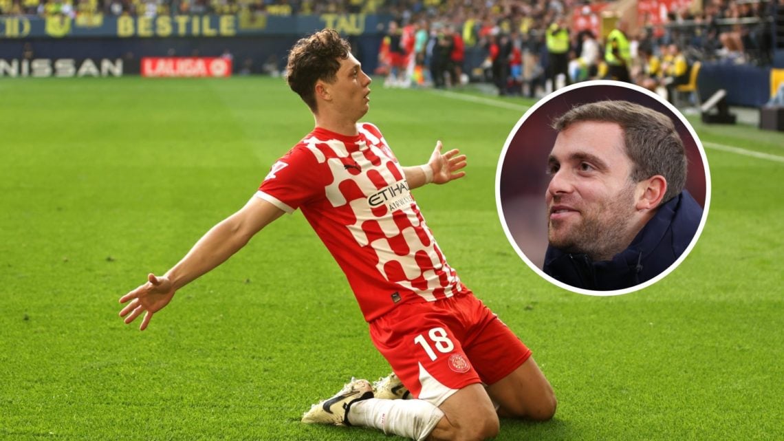 Ladislav Krejci celebrates a goal for Girona with overlay of journalist Fabrizio Romano (right)