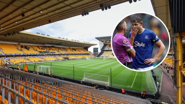 Main: Molineux Stadium before match against Everton Overlay: Referee Michael Oliver talking to James Tarkowski during game against Wolves