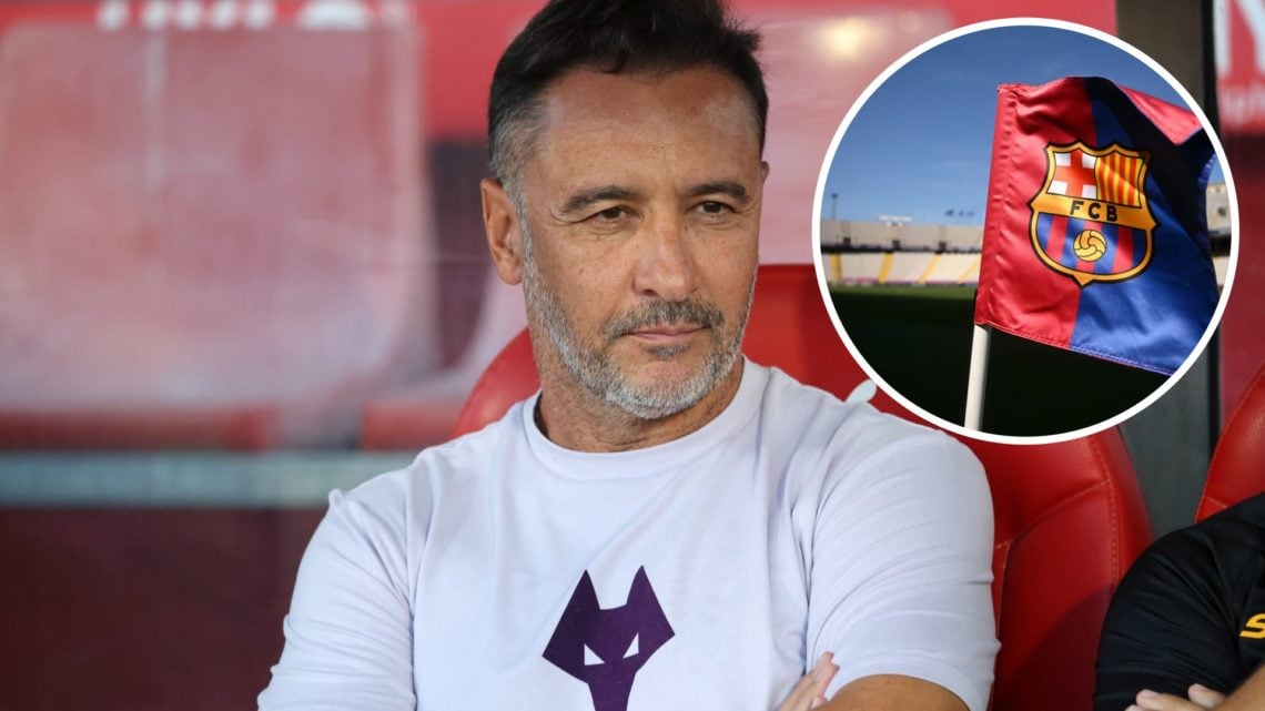 Main: Vitor Pereira looks on as his Wolves side play Overlay: Barcelona corner flag