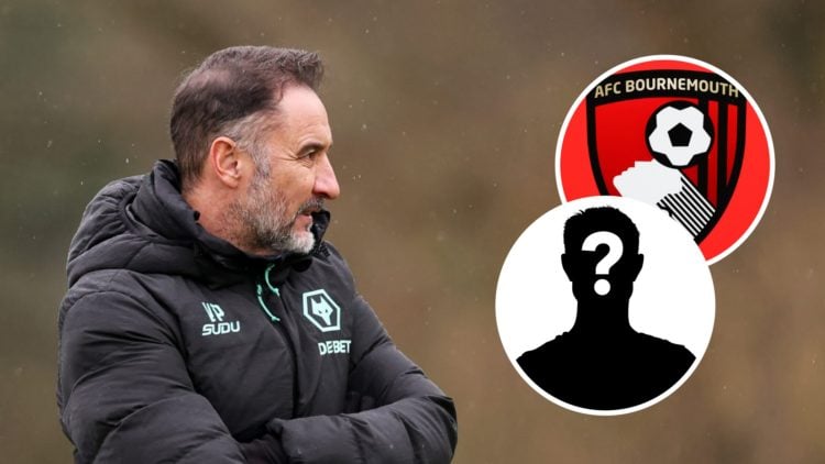 Vitor Pereira looks on in training (left), Bournemouth badge (upper inset), mystery player (inset)