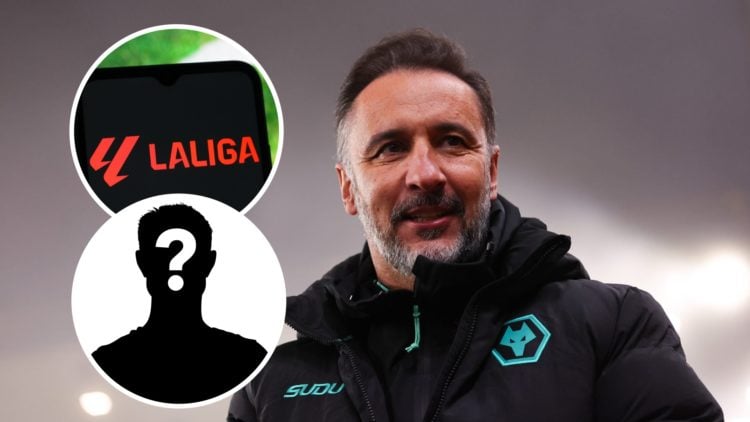 Main: Vitor Pereira looks on after match against Manchester United in December 2024 Inset: Mystery player Overlay: La Liga logo