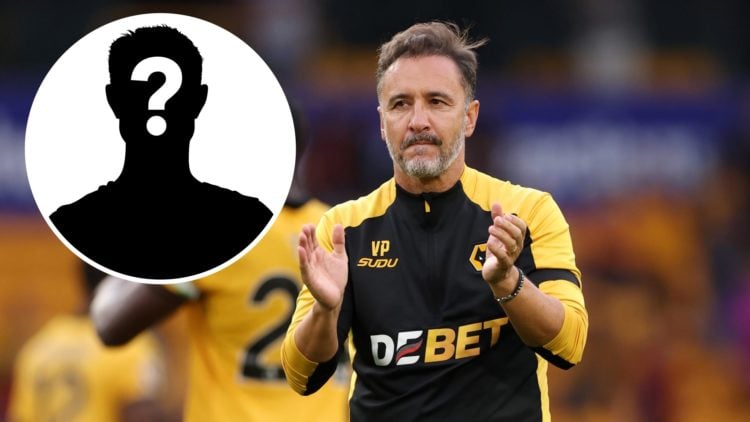 Main: Vitor Pereira applauding Wolves fans during Premier League match against Manchester City Inset: Mystery player