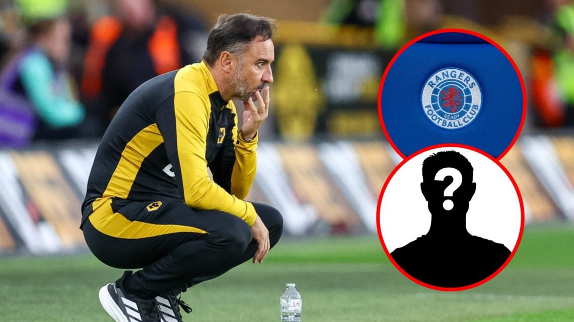 Main: Vitor Pereira crouched on the sidelines watching Wolves Overlay: Rangers badge Inset: Mystery Player