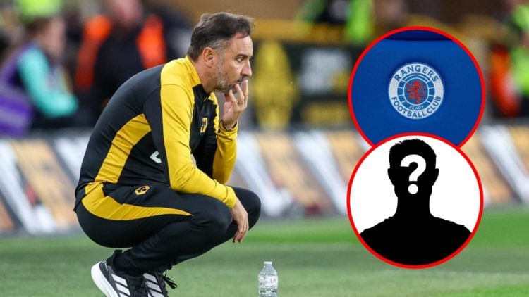 Main: Vitor Pereira crouched on the sidelines watching Wolves Overlay: Rangers badge Inset: Mystery Player
