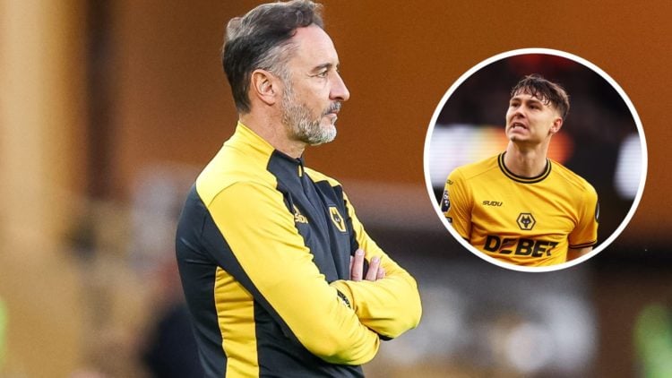 Main: Vitor Pereira watches his Wolves side play in the Premier League Overlay: Jorgen Strand Larsen in action for Wolves