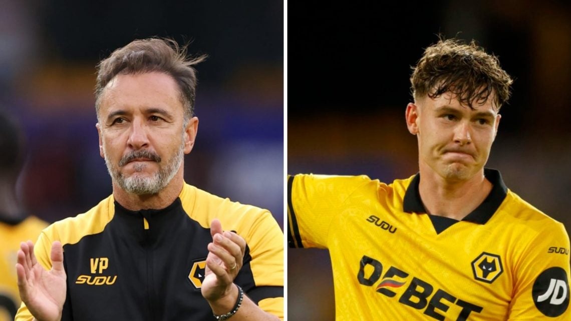Wolves manager Vitor Pereira looks on (left), Wolves striker Jorgen Strand Larsen raises his arm (right)