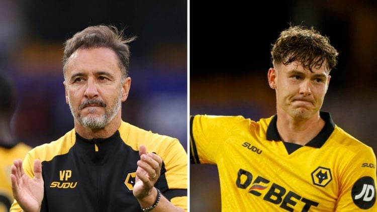 Wolves manager Vitor Pereira looks on (left), Wolves striker Jorgen Strand Larsen raises his arm (right)