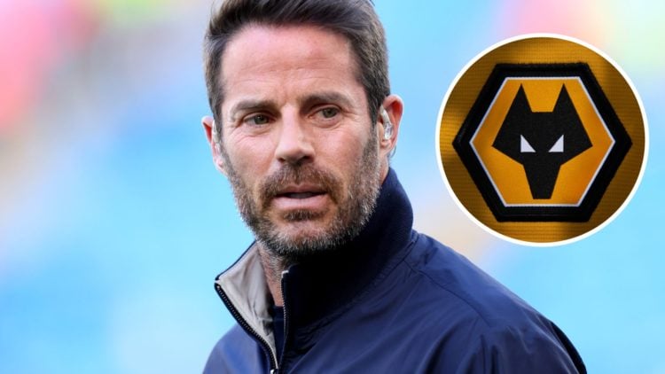 Main: Jamie Redknapp working as a Sky Pundit during Manchester City vs Bournemouth game in 2024/2025 Premier League season Inset: Wolves badge