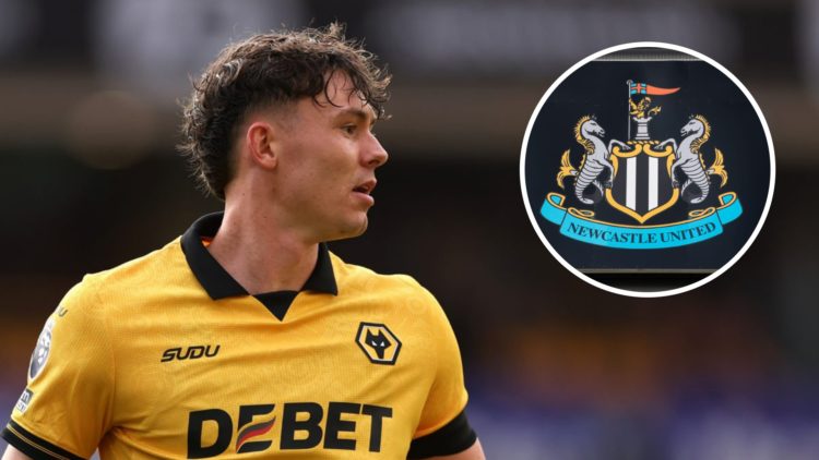 Jorgen Strand Larsen playing for Wolves (left), Newcastle badge (inset)