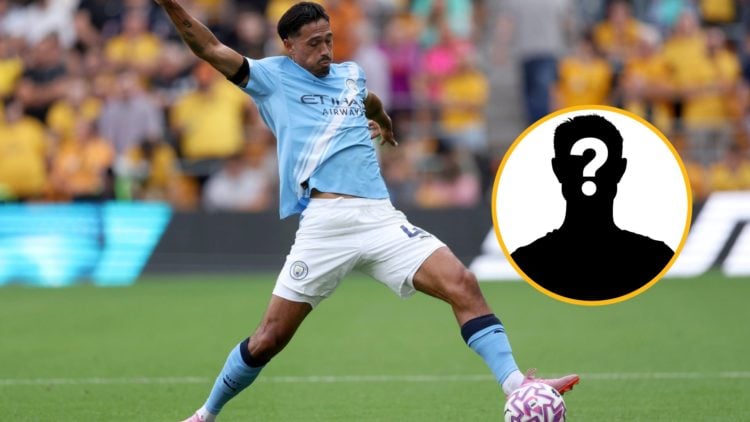 Man City's Tijjani Reijnders lunges for the ball vs Wolves, mystery player (right)