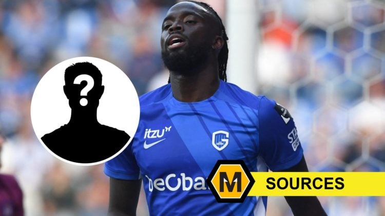 Tolu Arokodare playing for Genk (right) with mystery overlay (left) and sources banner (right).
