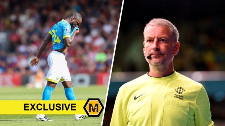 Toti Gomes (left) of Wolves gets sent off against Bournemouth and Mark Clattenburg (right) referees a Baller League game.