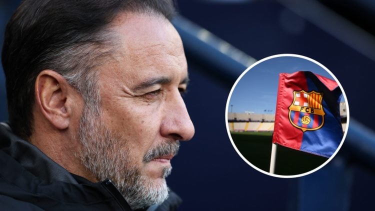 Wolves boss Vitor Pereira looks on with concern with overlay of Barcelona badge on corner flag (right).