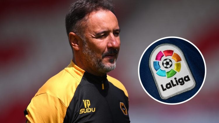 Wolves manager Vitor Pereira pondering, with overlay of La Liga logo on a shirt (right).