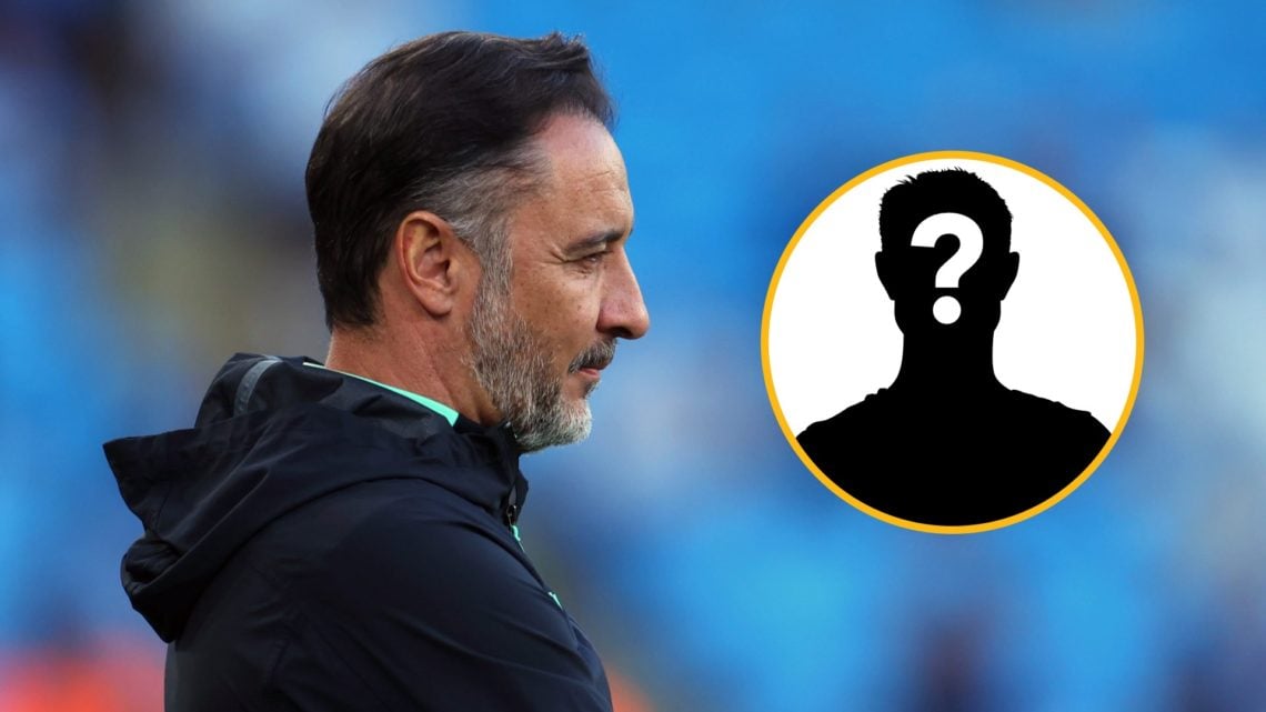 Vitor Pereira looks on during Wolves match with mystery player inlay (right).