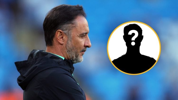 Vitor Pereira looks on during Wolves match with mystery player inlay (right).