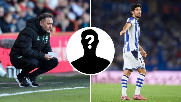 Vitor Pereira (left) crouches on the sideline while managing Wolves and Goncalo Guedes (right) plays for Real Sociedad. Mystery player overlay (cen...