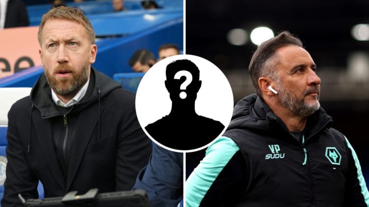 West Ham manager Graham Potter (left) and Wolves manager Vitor Pereira (right) with mystery player overlay (centre).