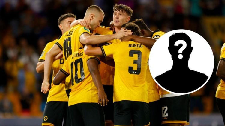 Main: Wolves squad celebrate scoring against West Ham in the Carabao Cup Inset: Mystery Player