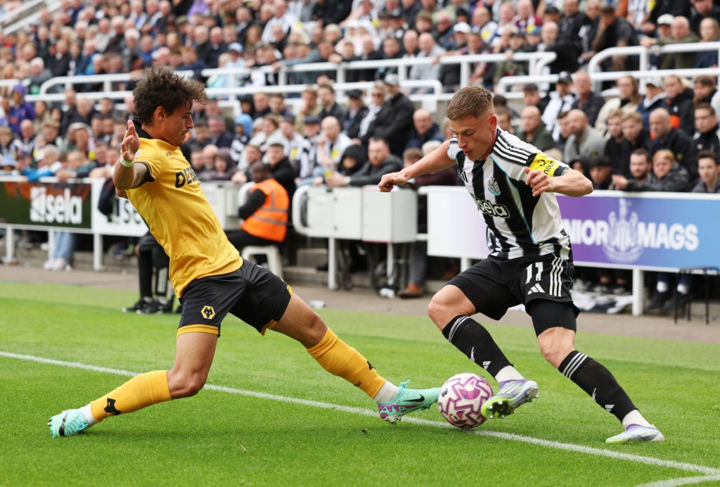 Hugo Bueno battling against Harvey Barnes