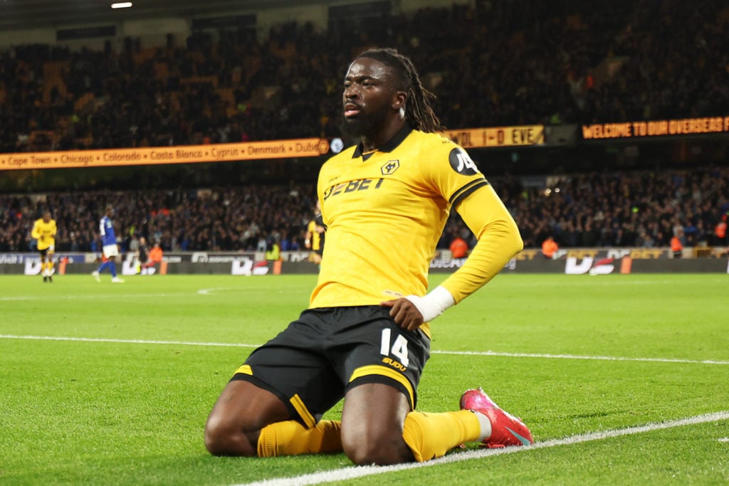 Tolu Arokodare knee slides after scoring for Wolves against Everton.
