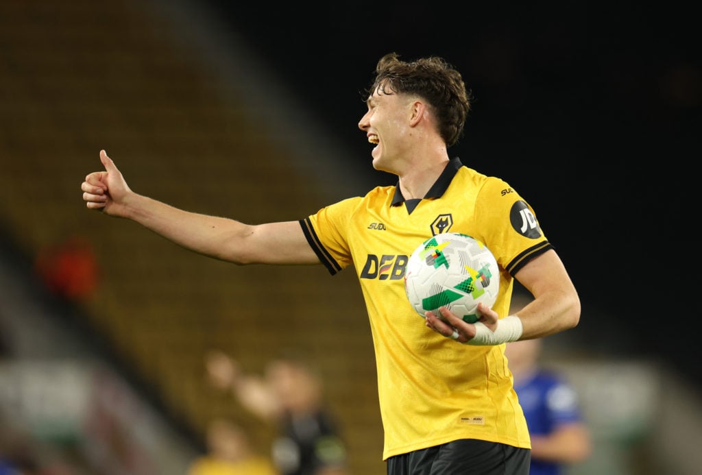 Jorgen Strand Larsen gives a thumbs up while playing for Wolves.