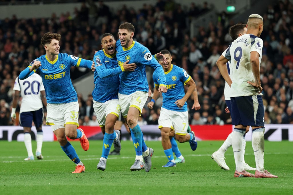 Santiago Bueno celebrates scoring for Wolves.