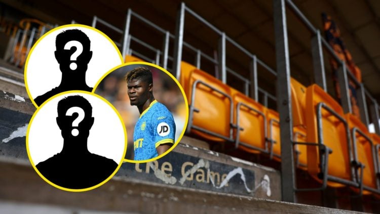 The steps at Molineux (background), Emmanuel Agbadou playing for Wolves (right inset), mystery players (top and bottom insets)