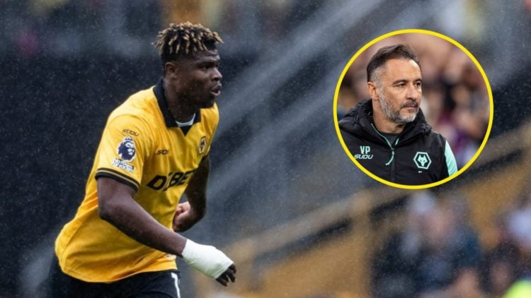 Emmanuel Agbadou playing for Wolves (left), Wolves manager Vitor Pereira looks on (inset)