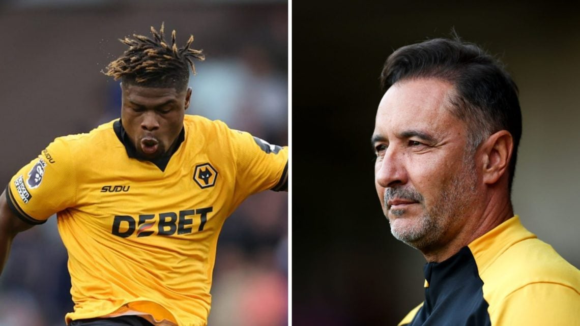 Emmanuel Agbadou playing a pass for Wolves (left), Vitor Pereira looks on while managing Wolves (right)